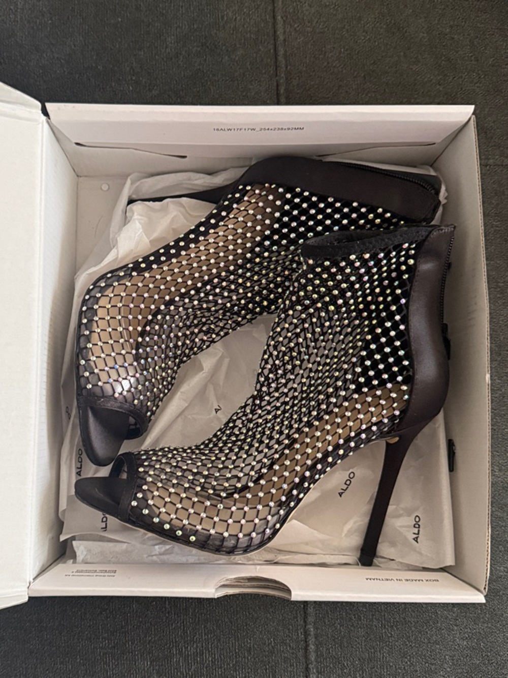 Aldo Black Mesh Crystal Peep-Toe Stiletto Booties